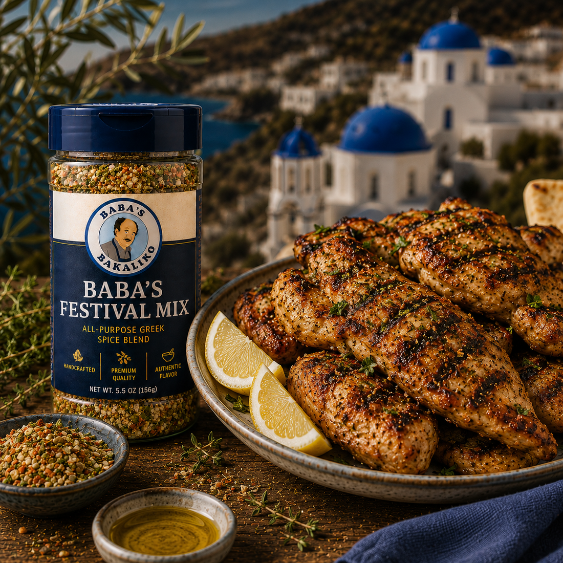 Homemade Greek Lemon Chicken marinated with Baba's Bakaliko Festival Mix and lemon juice, roasted until golden brown and served Mediterranean-style.