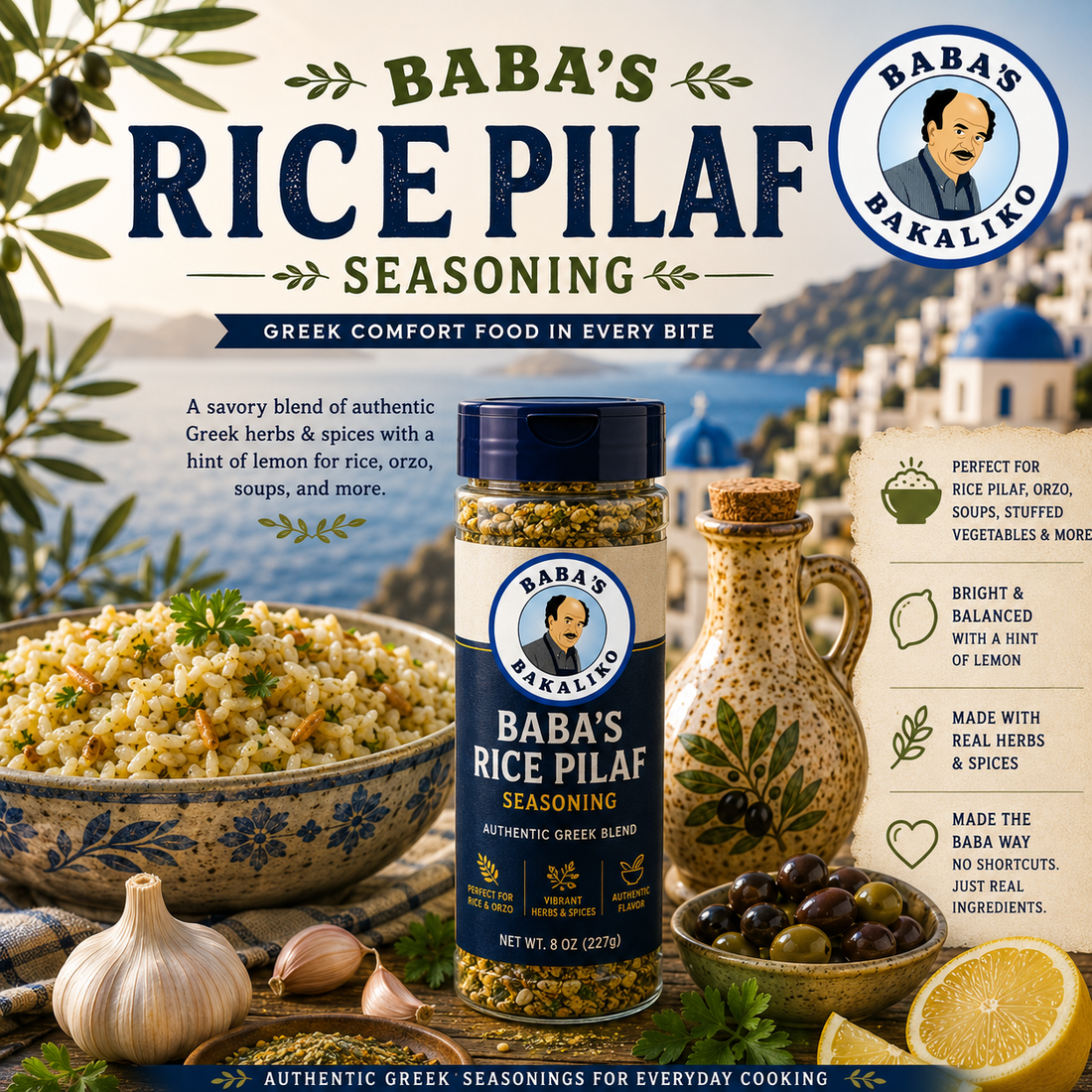 Discover Baba's Greek Pilaf Blend, the versatile Greek comfort food seasoning perfect for rice pilaf, orzo, avgolemono, chicken soup, stuffed vegetables, and more.