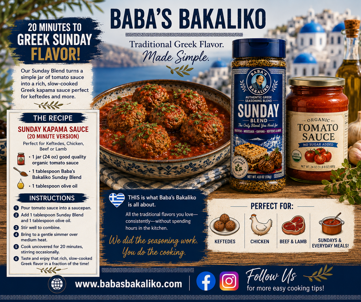 Traditional Greek keftedes meatballs in tomato sauce made with Baba’s Bakaliko Sunday Blend