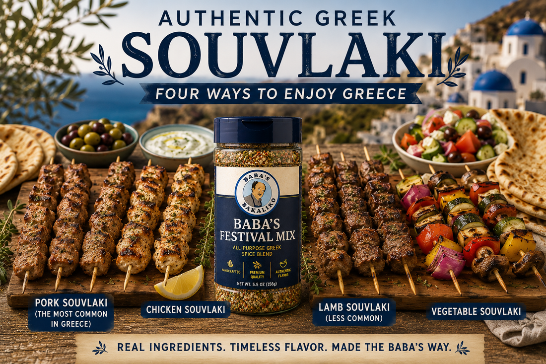 A platter of authentic Greek pork and chicken souvlaki skewers served with warm pita bread, homemade tzatziki, Greek salad, lemon wedges, and Baba's Festival Seasoning on a rustic wooden table.