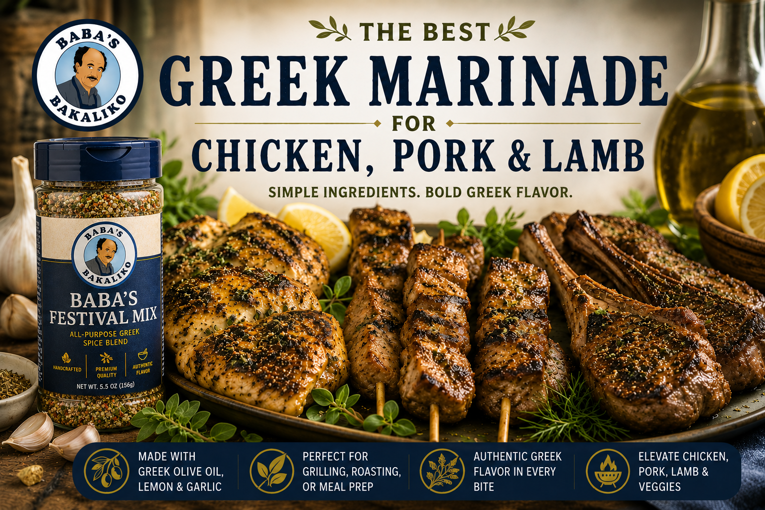 Baba's Festival Mix Greek seasoning beside grilled chicken, pork, and lamb souvlaki with tzatziki, Greek salad, pita bread, garlic, olive oil, and fresh herbs in a Mediterranean-inspired setting promoting an authentic Greek marinade.