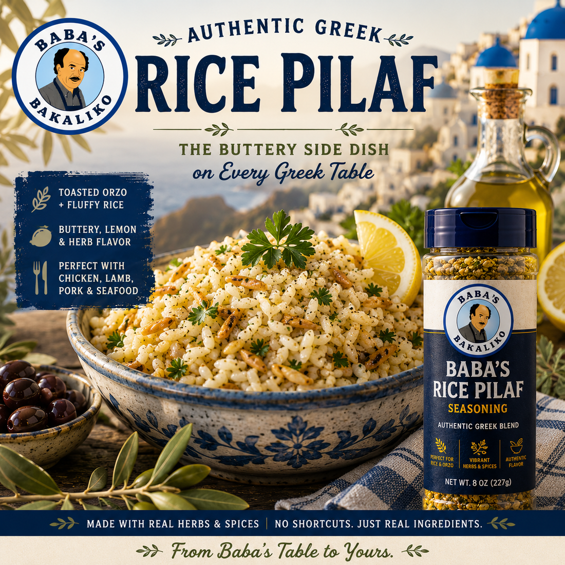 Authentic Greek rice pilaf with toasted orzo, fresh parsley, lemon wedges, and Baba's Greek Pilaf Blend seasoning in a rustic Mediterranean setting inspired by traditional Greek comfort food.