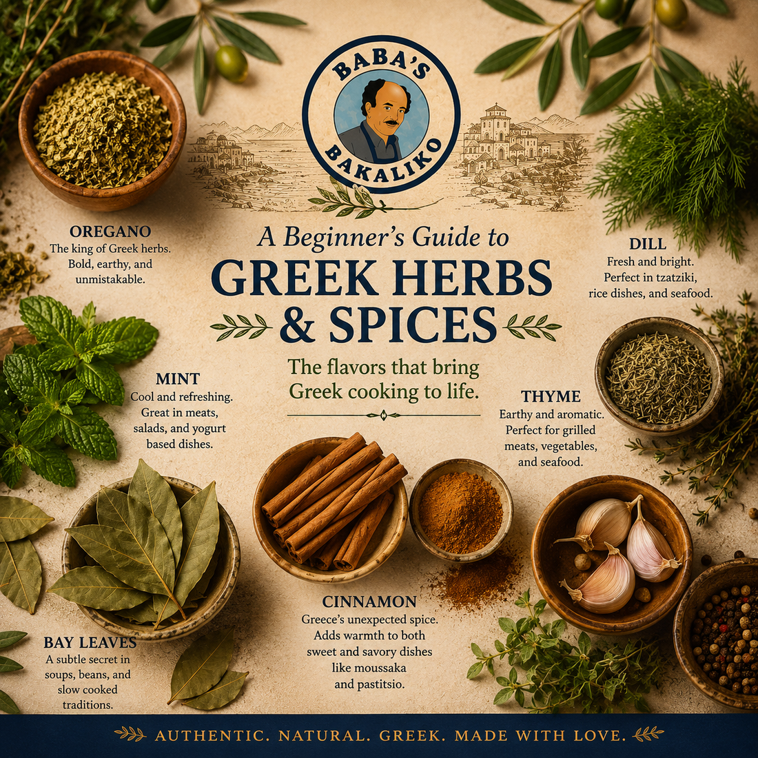 A collection of traditional Greek herbs and spices including oregano, dill, mint, thyme, bay leaves, and cinnamon arranged around the Baba's Bakaliko logo, highlighting the essential flavors of authentic Greek cooking.