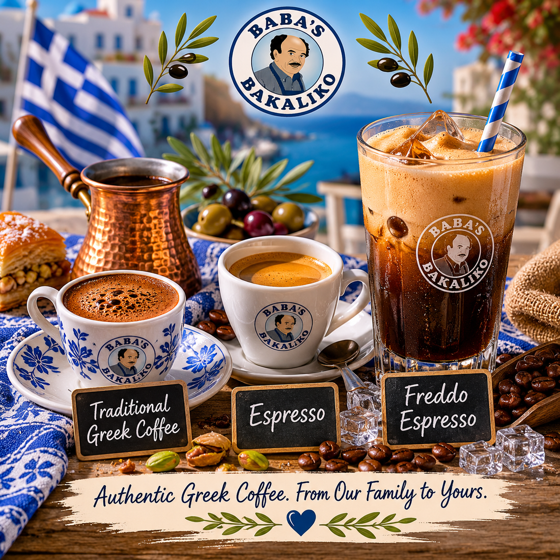 Greek coffee, espresso, and Freddo espresso from Baba's Bakaliko displayed in a Mediterranean café setting with traditional copper briki, baklava, coffee beans, and Greek island backdrop, showcasing authentic Greek coffee traditions.