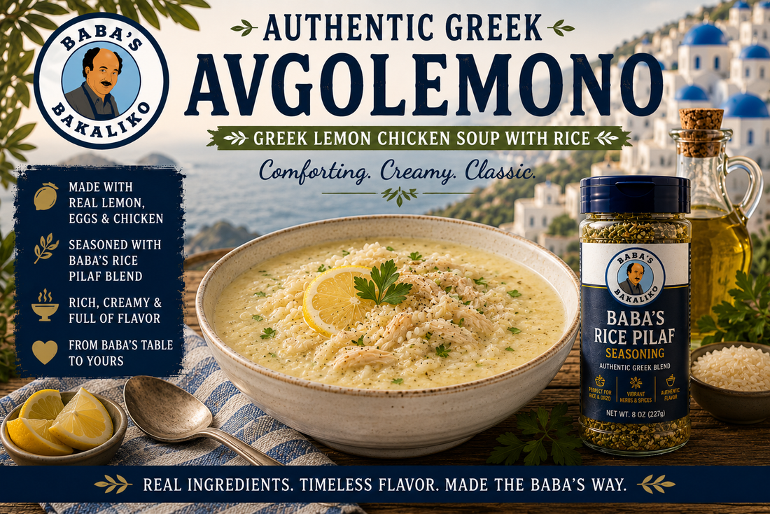 Authentic Greek Avgolemono soup made with tender chicken, rice, fresh lemon, and Baba's Greek Rice Pilaf Blend served in a rustic bowl with Greek olive oil and Santorini-inspired background.