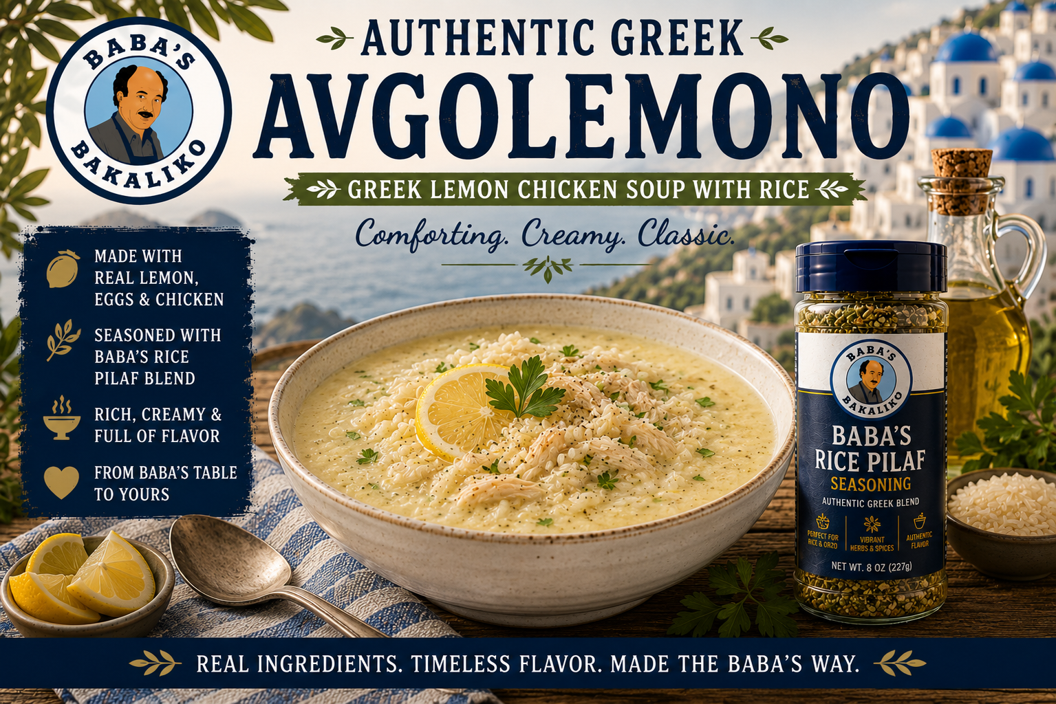 Authentic Greek Avgolemono soup made with tender chicken, rice, fresh lemon, and Baba's Greek Rice Pilaf Blend served in a rustic bowl with Greek olive oil and Santorini-inspired background.