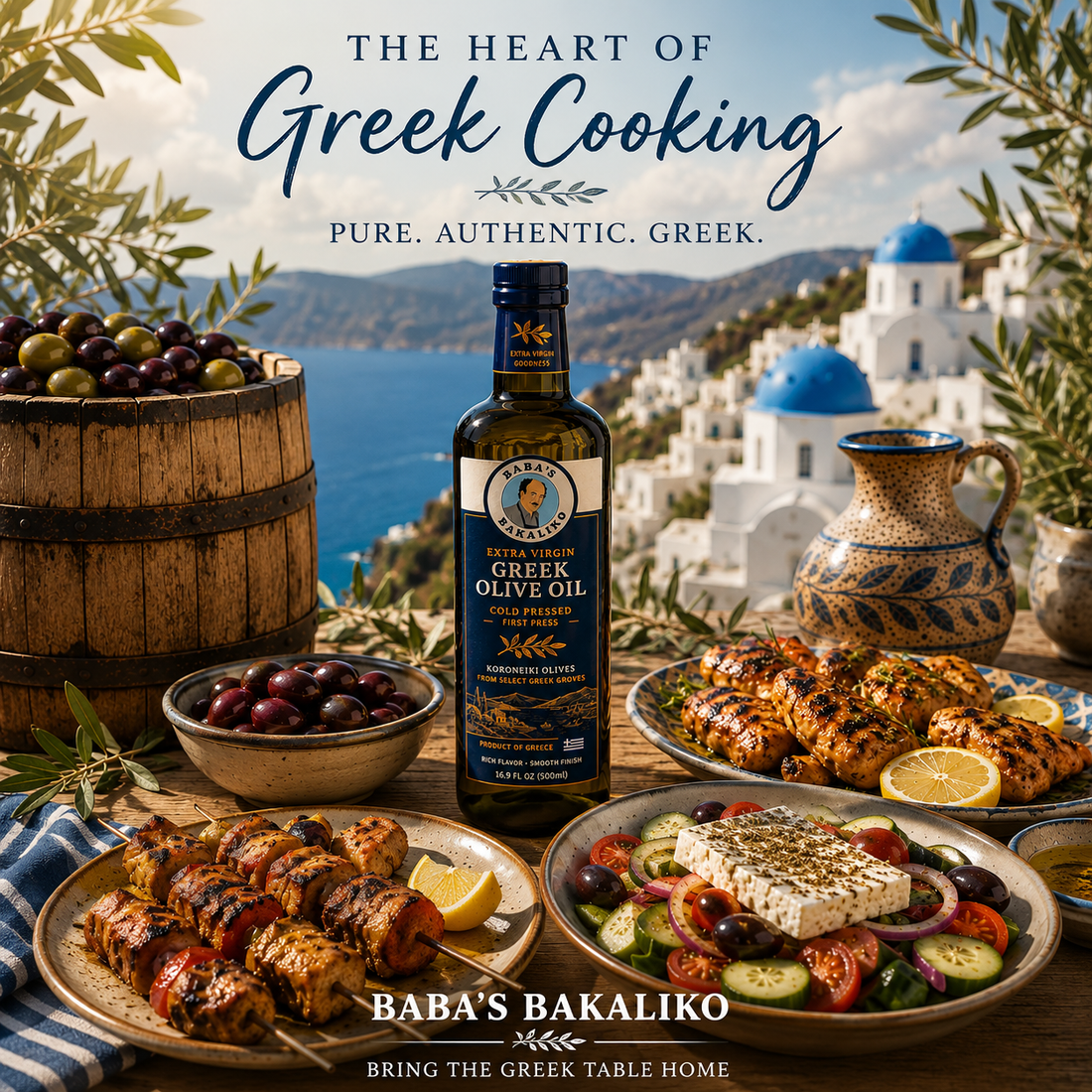 Baba’s Bakaliko Greek olive oil bottle displayed on a Mediterranean table with Greek salad, grilled chicken souvlaki, kalamata olives, and a barrel of olives overlooking a Greek island seaside view