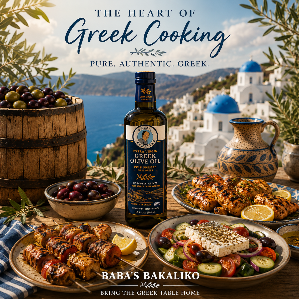 Baba’s Bakaliko Greek olive oil bottle displayed on a Mediterranean table with Greek salad, grilled chicken souvlaki, kalamata olives, and a barrel of olives overlooking a Greek island seaside view