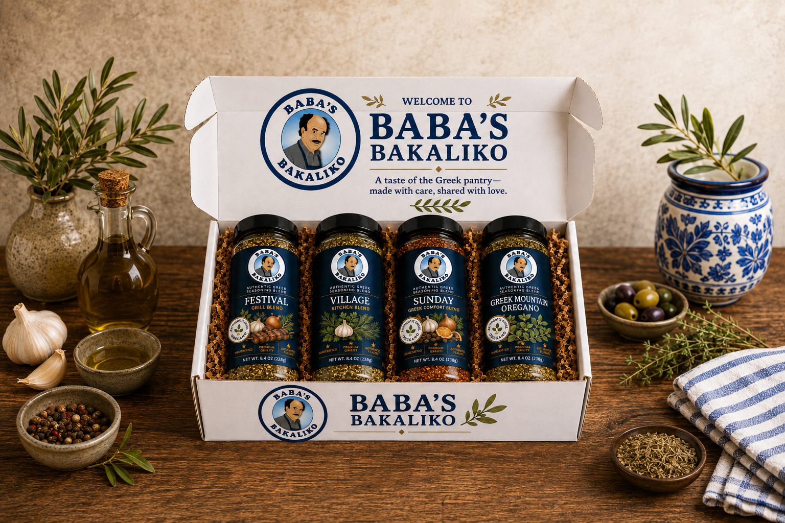 Baba's Bakaliko Core 4 Greek seasoning collection with Festival Blend, Village Blend, Sunday Blend and Greek Mountain Oregano