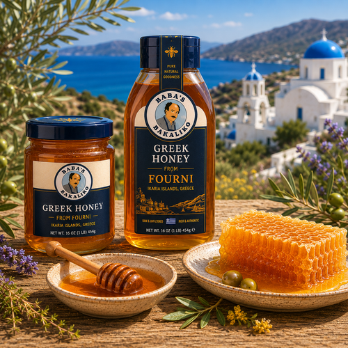 Authentic Greek honey from Fourni, Greece, offered by Baba's Bakaliko and inspired by traditional Greek beekeeping and Mediterranean heritage.
