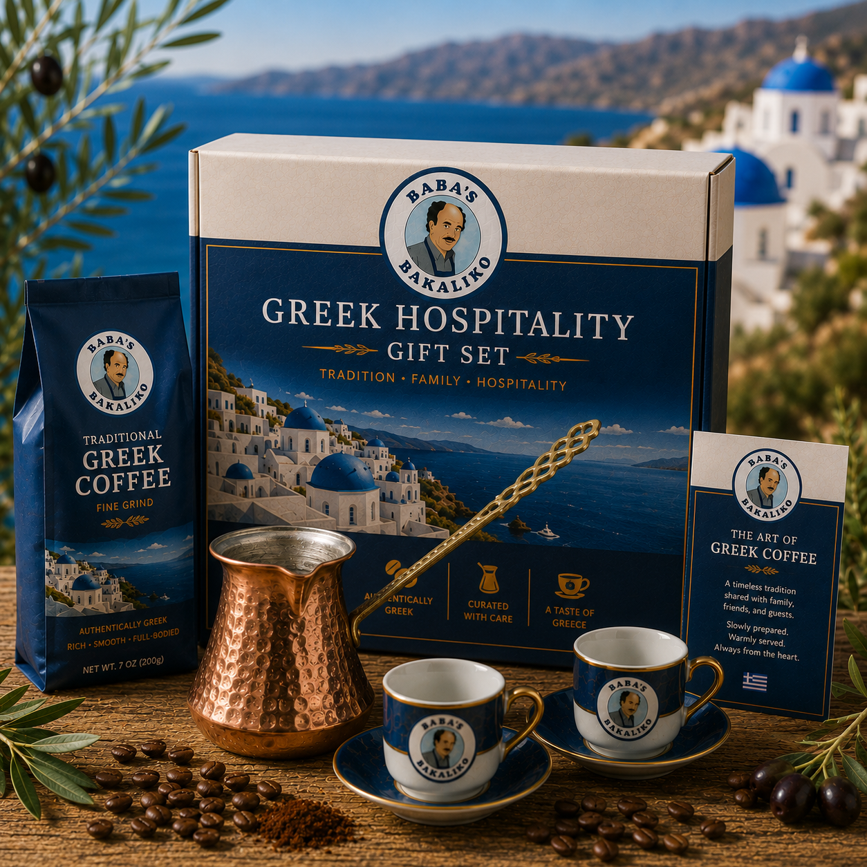 Baba's Bakaliko Greek Hospitality Gift Set featuring traditional Greek coffee, a handcrafted copper briki, espresso cups and authentic Greek coffee traditions