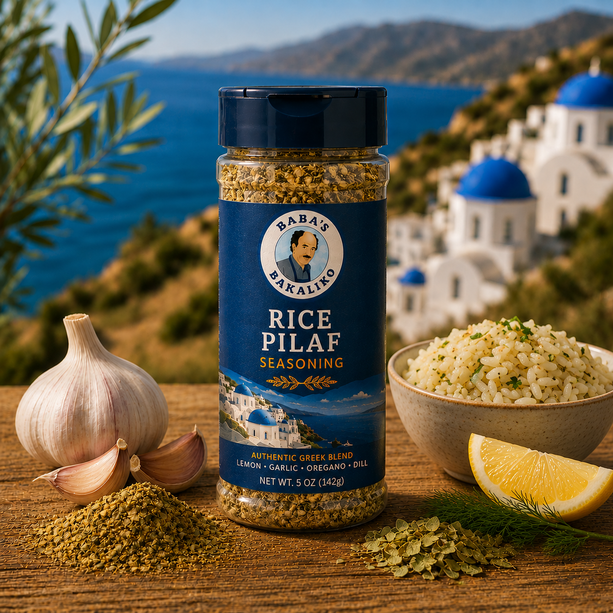 Greek rice pilaf seasoning from Baba's Bakaliko made with oregano, garlic, lemon and Mediterranean herbs for authentic Greek cooking.