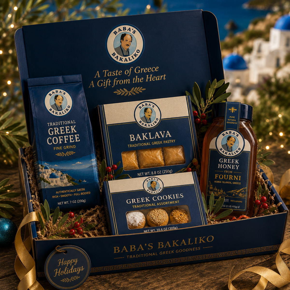 Baba's Bakaliko Gift Basket with Coffee, Baklava, Greek Cookies and Greek honey
