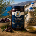 Authentic Greek Kalamata olives from Baba's Bakaliko featuring naturally cured olives imported from Greece and inspired by traditional Mediterranean cuisine.