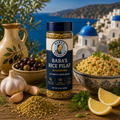 Baba's Rice Pilaf Blend authentic Greek rice seasoning in an 8-ounce bottle with traditional Greek rice pilaf, fresh lemon wedges, garlic, parsley, herbs, and a Santorini-inspired Greek village backdrop.