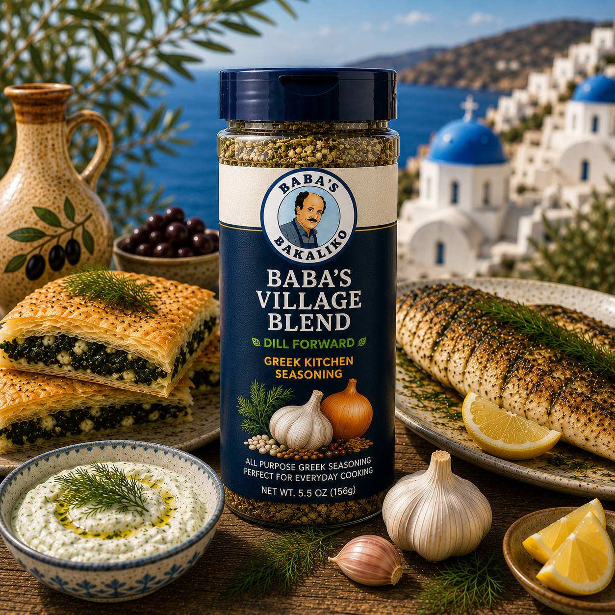 Baba's Village Blend authentic Greek kitchen seasoning in an 8-ounce bottle with homemade spanakopita, grilled fish, creamy tzatziki, fresh dill, garlic, lemon, and a Santorini-inspired Greek village backdrop.