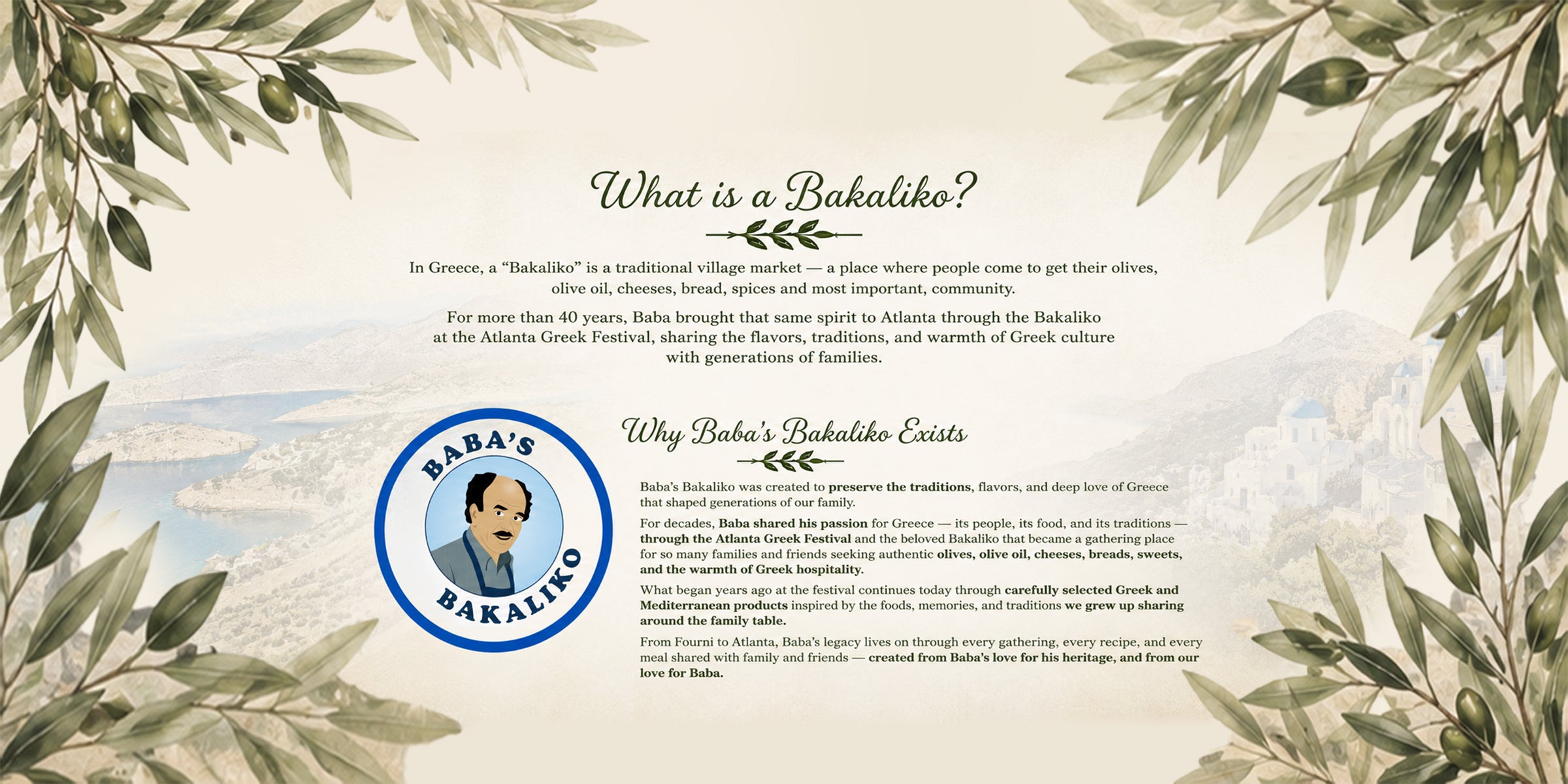 In Greece, A Bakaliko is a traditional village market. For more than 40 years, Baba brough this same spirit to the Atlanta Greek Festival through Baba's Bakaliko. 